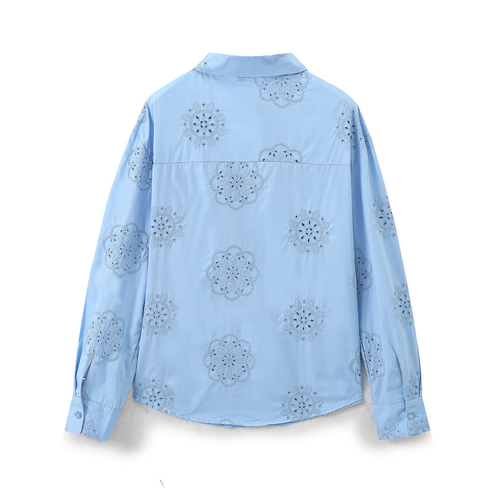 Women's Fashion Embroidery Decorated Poplin Shirt