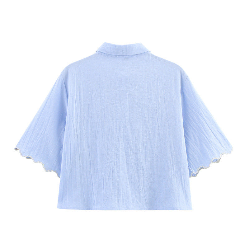 Style Women's Fashion Casual Collar Embroidered Short Sleeve Crop Shirt