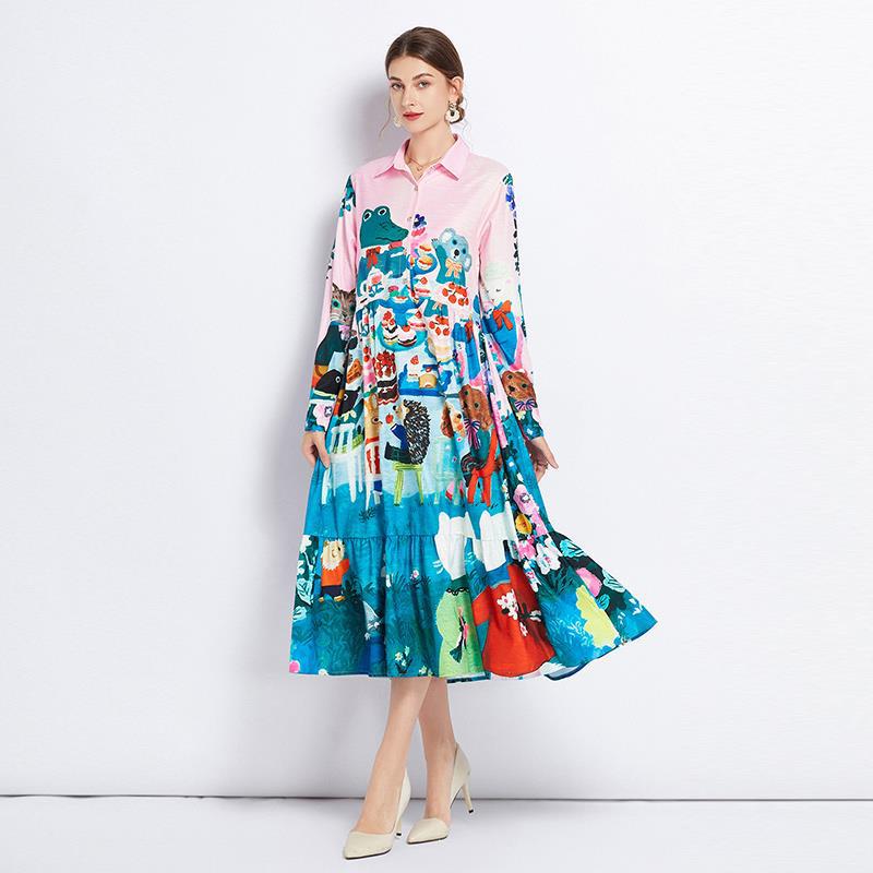 Women New Comings Fashion Design Cartoon Printing Casual Midi Long Dress Long Sleeve Lady Streetwear Vestidos Large Size