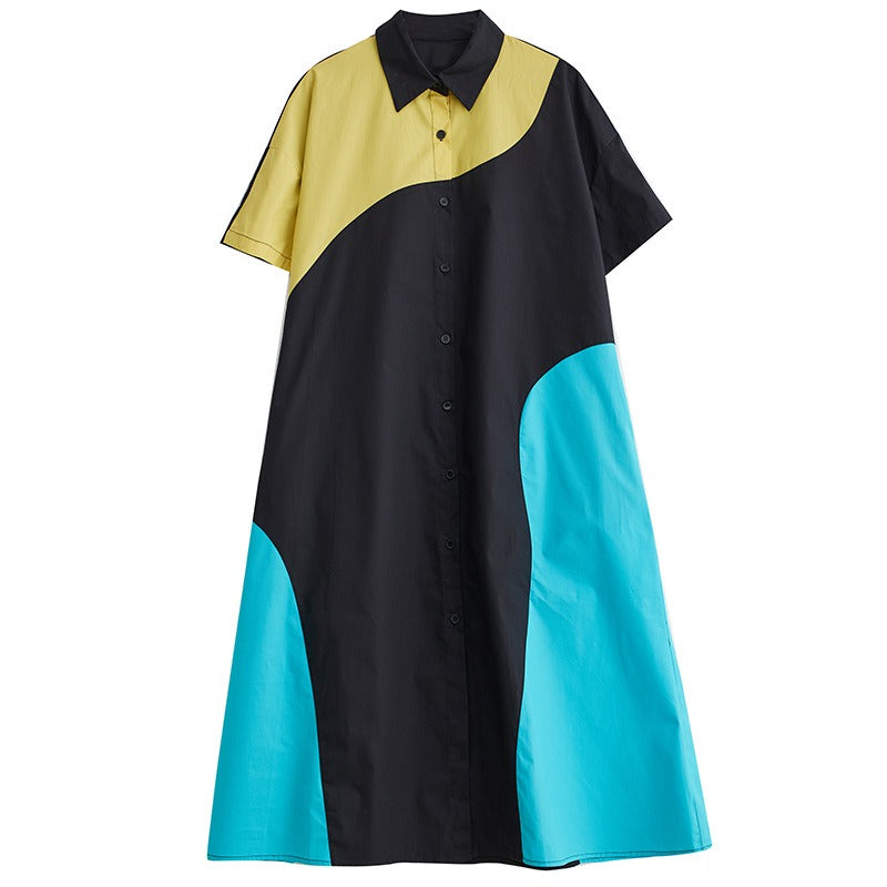 Casual Shirt Dress Loose Fashion Contrast Color Short Sleeve