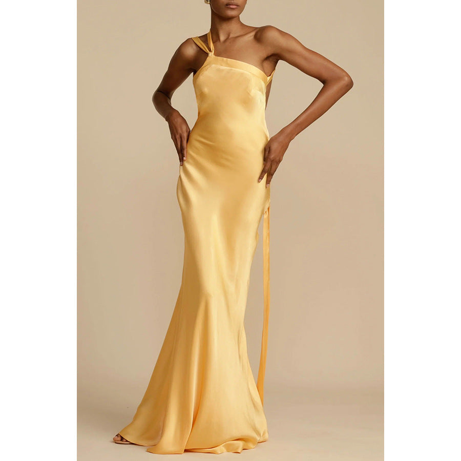 Chic Asymmetrical Shoulder Fitted Dress for Women, Casual Fashion Satin DressSummer Party Dress