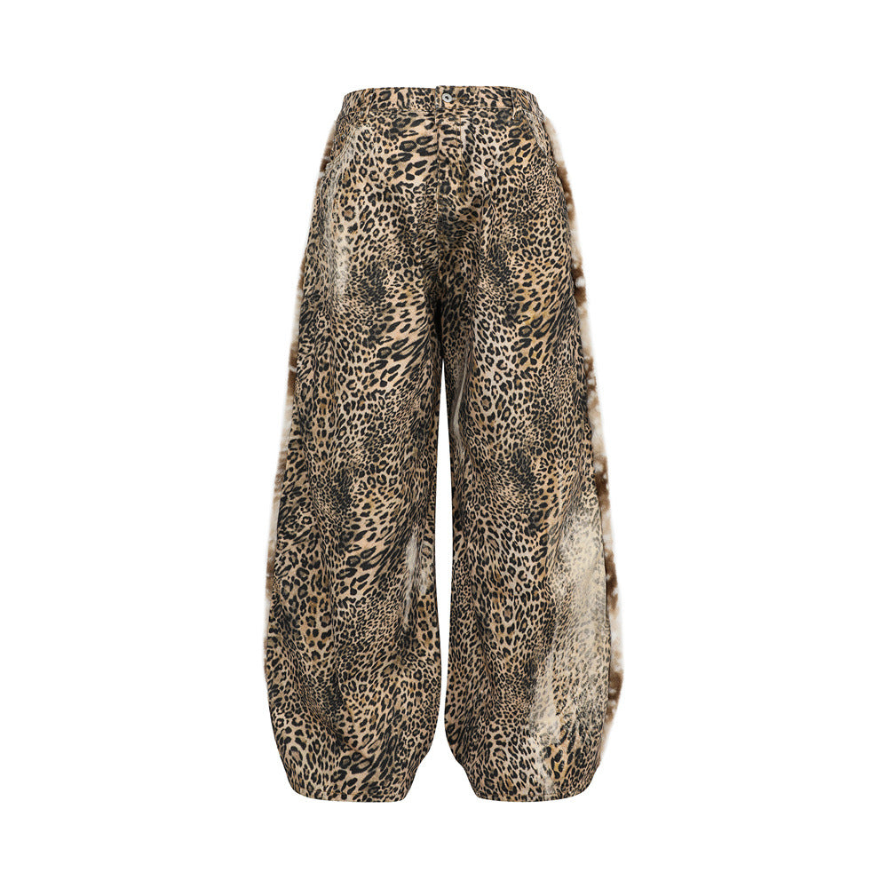 Street Style Men's Jeans with Leopard Print Patchwork, Casual Loose Fit Wide Leg Long Pants