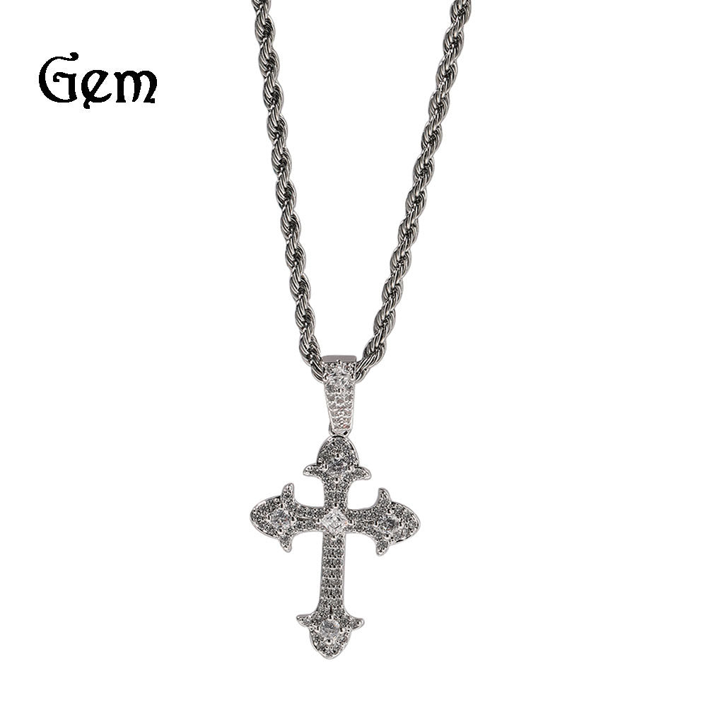 Zircon cross-shaped necklace, men's European and American sweater chain, hip-hop fashion, tagram style pendant necklace wholesale