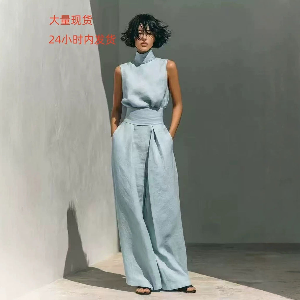 Spring 2026 solid-color elegant women's blended sleeveless top and wide-leg